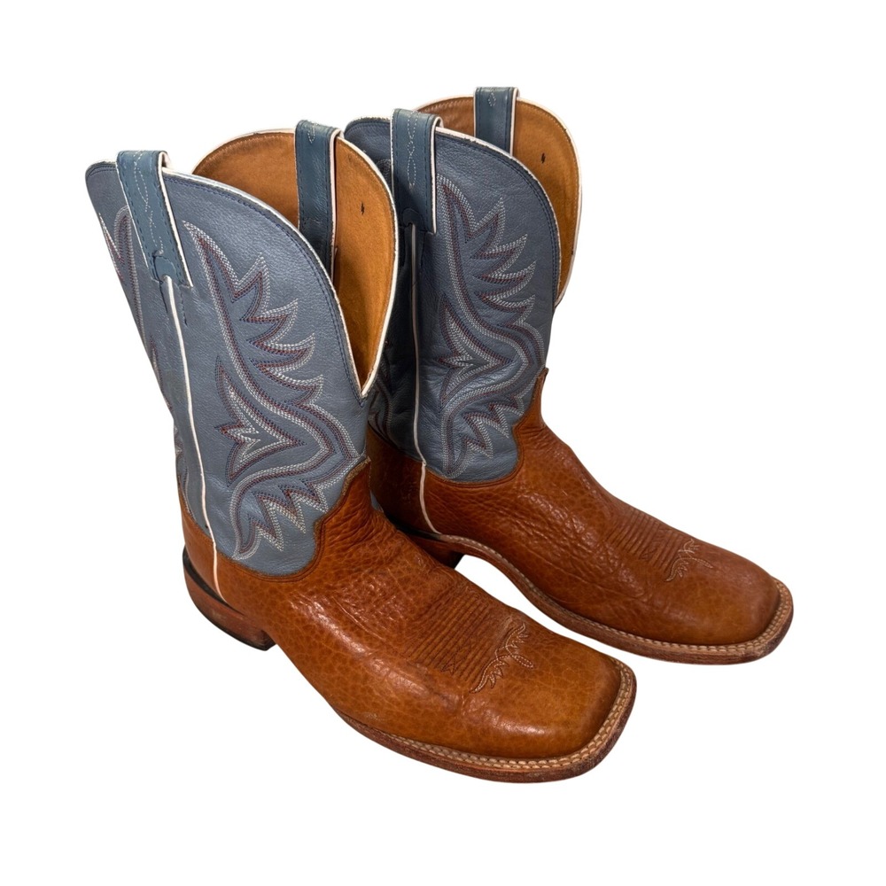 Tony Lama Leather Western Square Toe Cowboy Boots Mens Blue Brown Sz 10.5EE